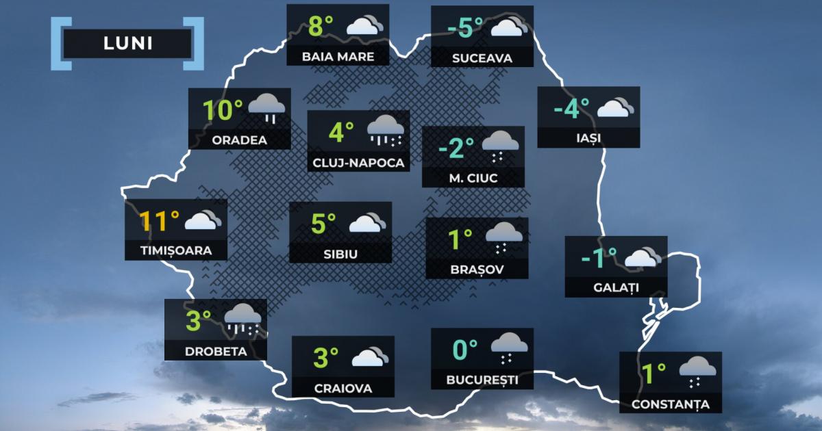 Vremea de mâine 9 februarie. Temperaturile scad şi se întorc ninsorile. Maxime între -6 şi 11 grade