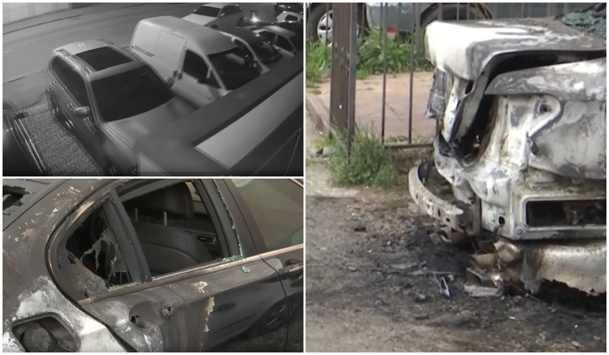 Momentul în care un bărbat dă foc unei mașini parcate lângă o instalație de gaz, pe o stradă din Făgăraș
