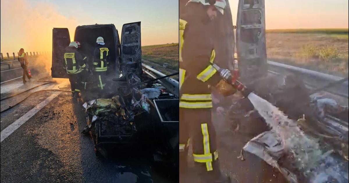 Incendiu pe A1, lângă Pecica. O dubă încărcată cu mobilier s-a făcut scrum