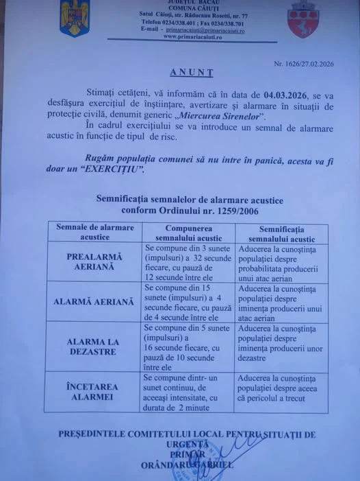 Anunțul publicat de primarul unei comune din județul Bacău Sursa Facebook/Gabriel Orandaru