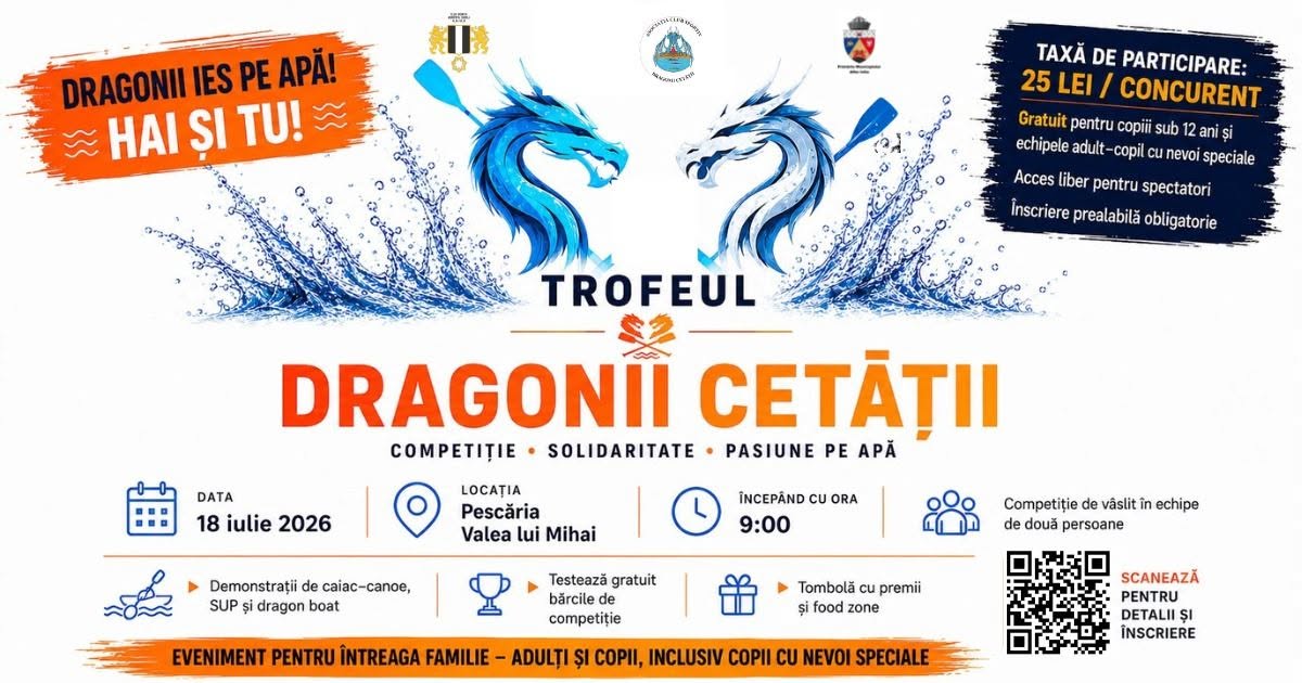 Sâmbătă, 18 iulie: Trofeul Dragonii Cetății, ediția a II-a, lângă Alba Iulia. Competiție de vâslit pe lac, în canoe indiană Sâmbătă, 18 iulie: Trofeul Dragonii Cetății, ediția a II-a, lângă Alba Iulia. Competiție de vâslit pe lac, în canoe indiană