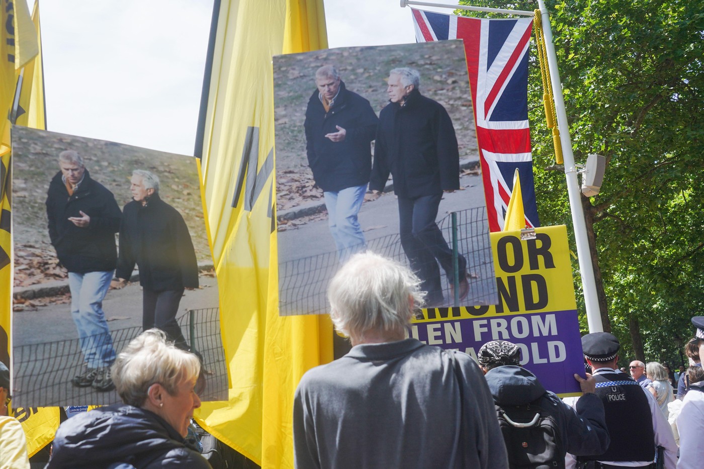 Activiștii antimonarhie au afișat un banner imens cu Andrew şi Epstein în sala tronului de la Palatul Buckingham