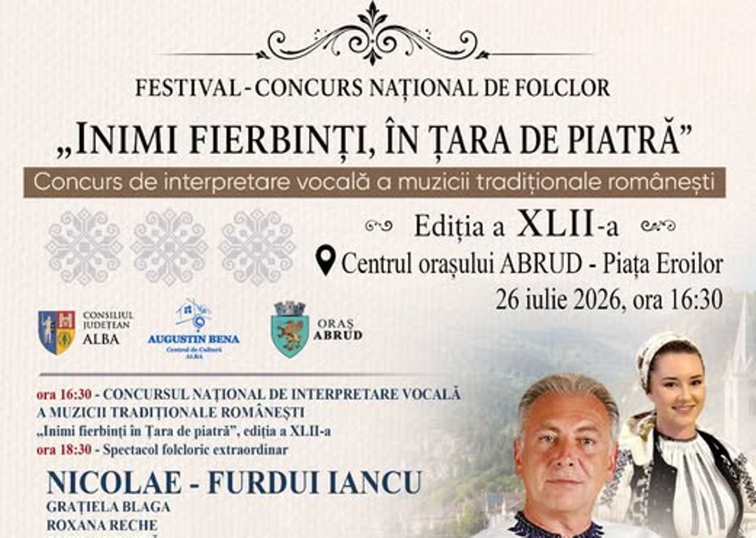 Festivalul Național de Folclor ”Inimi fierbinți în Țara de Piatră” 2026, în 26 iulie, la Abrud. Programul