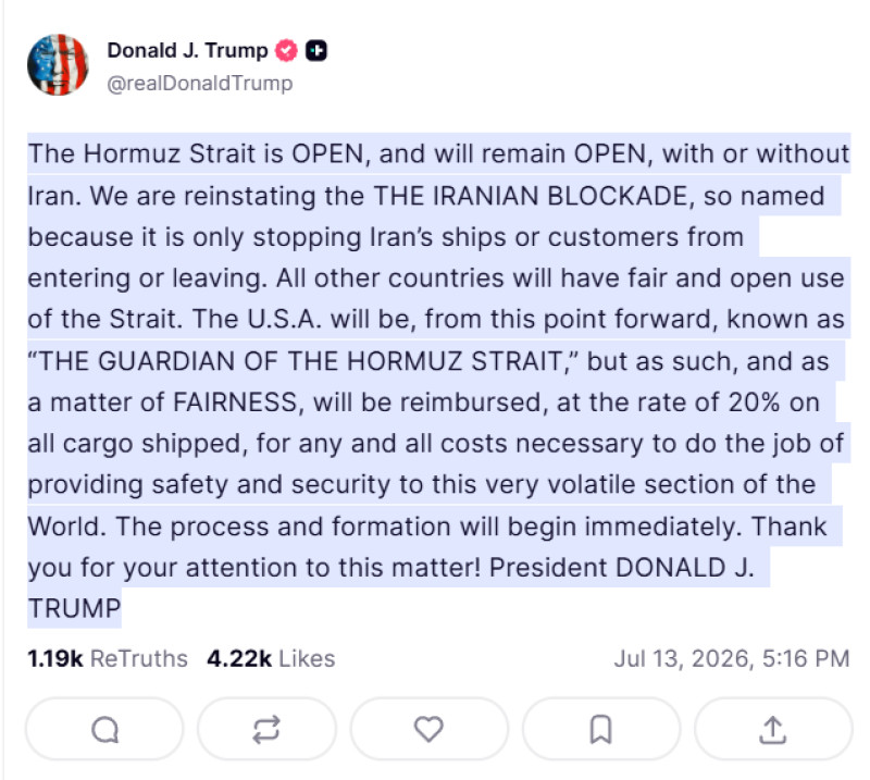 Postarea lui Trump pe Truth Social